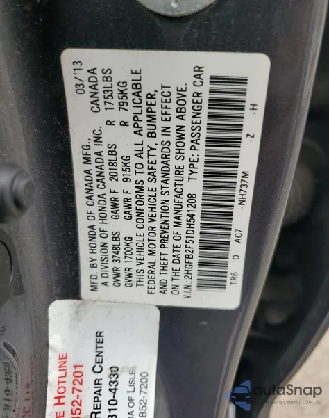 2013 Honda Civic Lx из США, поврежденный, VIN 2HGFB2F51DH541208